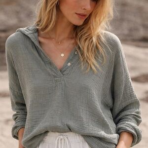 P.CILL Cotton Gauze Hooded Pullover Sage Green | Size M